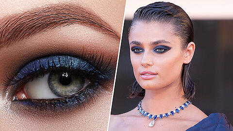 Lidschatten in der Pantone-Farbe "Classic Blue", wie Model Taylor Hill ihn zu den Filmfestspielen von Venedig trug, liegt im Herbst im Trend.