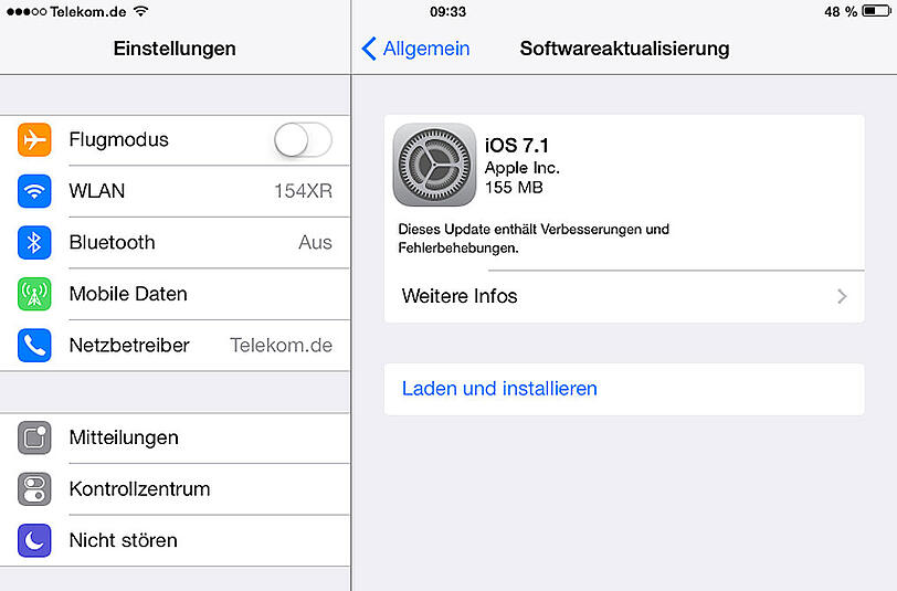 Der Größe des Downloads für das iOS 7.1 liegt zwischen 155 MB und 1,4 GB. Fürs Update sollte das iPhone oder iPad an die Steckdose.
