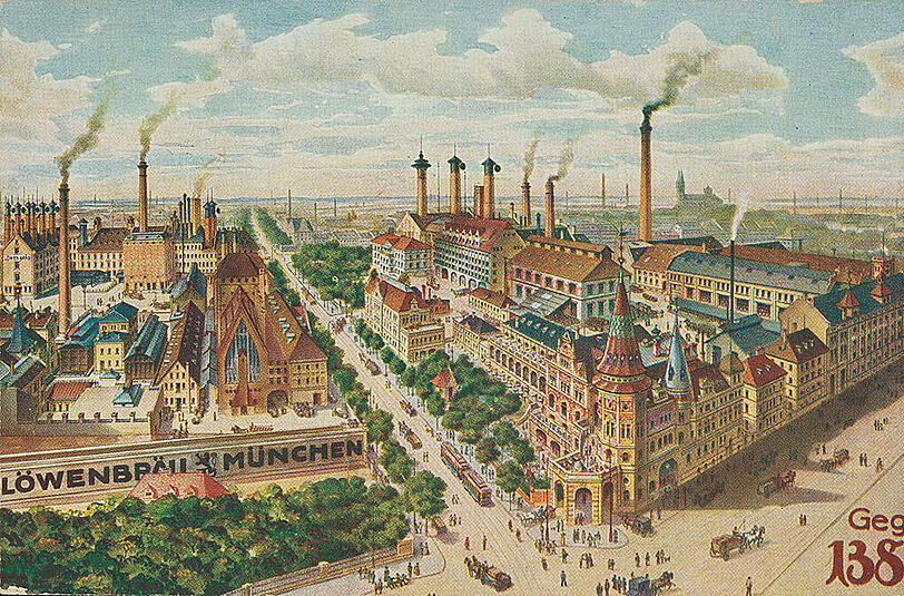 Die Münchner Brauerei Löwenbräu auf einer Postkarte um 1910.