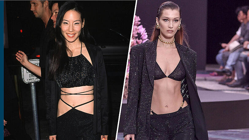 Lucy Liu (l.) setzte schon vor 20 Jahren auf den String-Look, 2020 ziehen Models wie Bella Hadid nach.