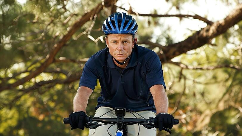 James Bond unterwegs mit dem Fahrrad? So könnte implizites Green Storytelling aussehen - Nachhaltigkeit nicht explizit thematisieren, etwa durch Dialoge oder ein Weltuntergangsszenario, sondern im Hintergrund als Lebensrealität in den Film einbauen. Das Bild hat eine Künstliche Intelligenz generiert.
