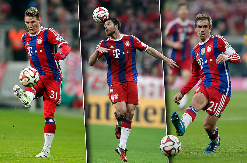Links: Stammplatz zurückerkämpft - Bastian Schweinsteiger. Mitte: Erste Option &ndash; für die Bank - Xabi Alonso. Rechts: Pocht auf seinen Platz im Zentrum - Philipp Lahm.