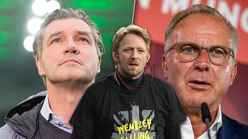 Sven Mislintat (m.) bleibt in Dortmund. Das sagt zumindest BVB-Sportdirektor Michael Zorc (l.). Bayern-Boss Karl-Heinz Rummenigge (r.) muss sich also wohl nach anderen Möglichkeiten umsehen.