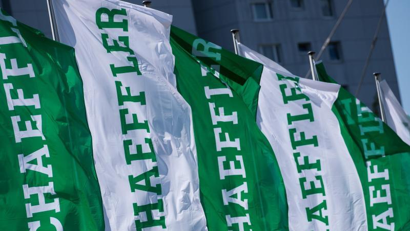 Fahnen mit dem Schriftzug der Schaeffler AG wehen am Rande der Hauptversammlung des Unternehmens.
