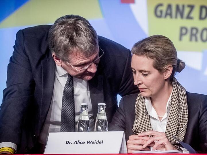 Bislang genießt sie Rückendeckung: Jörg Meuthen, Co-Bundessprecher der AfD, spricht mit Fraktionschefin Alice Weidel.