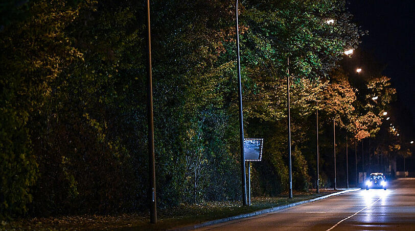 Eine Straße und die angrenzende Grünanlage im Industriegebiet Nord hinter einem Diskotheken-Areal wird nachts von Straßenlaternen erleuchtet. Nach einer mutmaßlichen Gruppenvergewaltigung in Freiburg hat die Polizei acht Männer festgenommen.