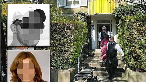 Mitarbeiter eines Bestattungsunternehmens bringen die Leiche der Toten aus der Mordwohnung. Robin L. (vorderes kleines Bild) sprang nach der Tat aus dem Fenster.