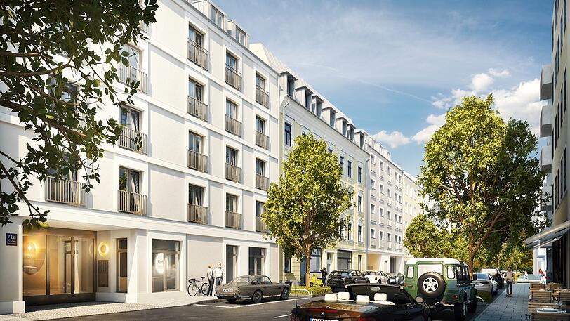 Auch zwei der Vordergebäude wurden neu gebaut. Die Ansicht von der Theresienstraße aus.