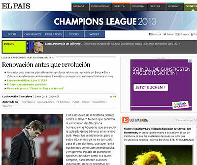 &bdquo;El Pais&ldquo; hat sich immer noch nicht vom Ausscheiden der großen spanischen Clubs erholt. Dort heißt es: &bdquo;Auf Wiedersehen Europa. Die Champions sind die beiden deutschen Teams. Borussia und Bayern, wie sie in Dortmund und München gerufen werden. Jetzt versucht Madrid das Cup-Finale zu würdigen und Barca wird in der Liga feiern müssen&ldquo;