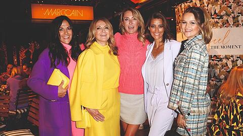 Bettina Zimmermann, Frauke Ludowig, Lilly zu Sayn-Wittgenstein, Marvy Rieder und Nele Röffen (v.l.n.r.) auf der Show von Marc Cain während der Berliner Fashion Week.