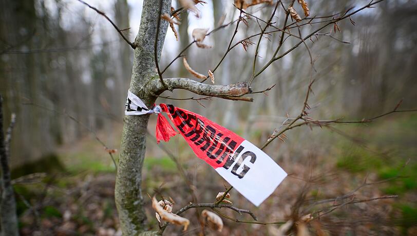 Reste einer Polizeiabsperrung sind in dem betroffenen Waldst&uuml;ck zu sehen.