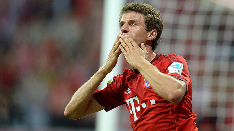 Thomas Müller nach seinem Tor zum 3:0 im Heimspiel gegen den Hamburger SV am 14. August 2015.