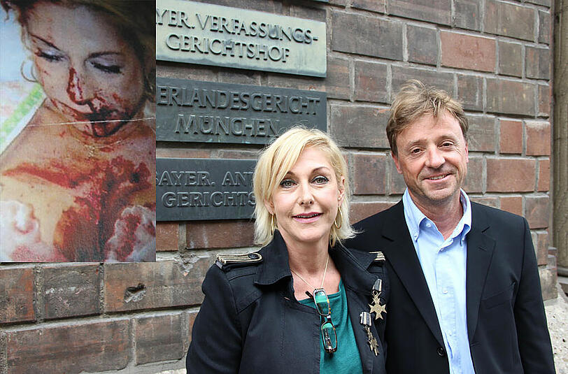 Die schwer verletzte Frau nach dem Volksfest-Besuch (kleines Bild). Andrea H. vor dem Oberlandesgericht mit ihrem Anwalt Florian Rummel.