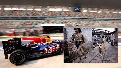 Bei dem erstmals ausgetragenen Grand Prix von Indien sind die Gegensätze zwischen dem Glamour der Rennserie und bitterer Armut so extrem wie nirgendwo sonst im Formel 1 Zirkus.