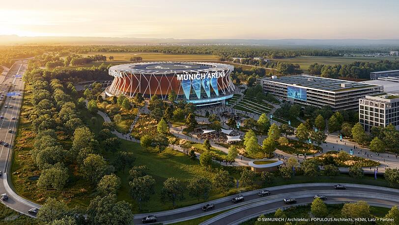 Die Konzertarena &bdquo;Munich Arena&ldquo;, nahe des Flughafen M&uuml;nchen (Rendering, Juni 2026) k&ouml;nnte schon in drei Jahren Realit&auml;t sein.