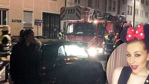 Feuerwehreinsatz um 5 Uhr früh. Verena Kerth postete dieses Bild auf Instagram. Rechts: Ihr Kostüm für die Faschingsparty im P1.