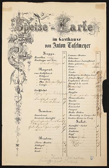 ANTON TAFELMEYER: Dies ist die älteste Karte der Sammlung &ndash; nämlich aus dem Jahr 1855. Im Gasthaus von Anton Tafelmeyer in der Ottostraße 3 gab es das halbe Hendl zu 18 Kreuzer, Maccheroni (hier: "Maccaroni") für 15 und "Niern-Braten" für zwölf Kreuzer. Wie lange es das Gasthaus gab, lässt sich jedoch nicht nachverfolgen.