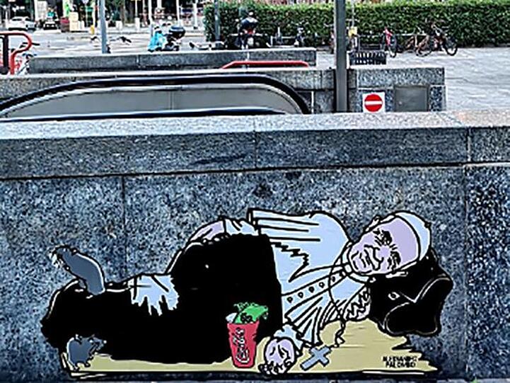 Streetart mit Papst Franziskus in Mailand.