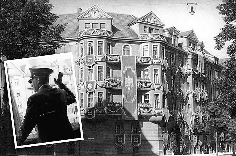1938: Adolf Hitlers Privatwohnung mit Fahnenschmuck am Prinzregentenplatz 16. Edgar Feuchtwanger lebte damals schräg gegenüber.