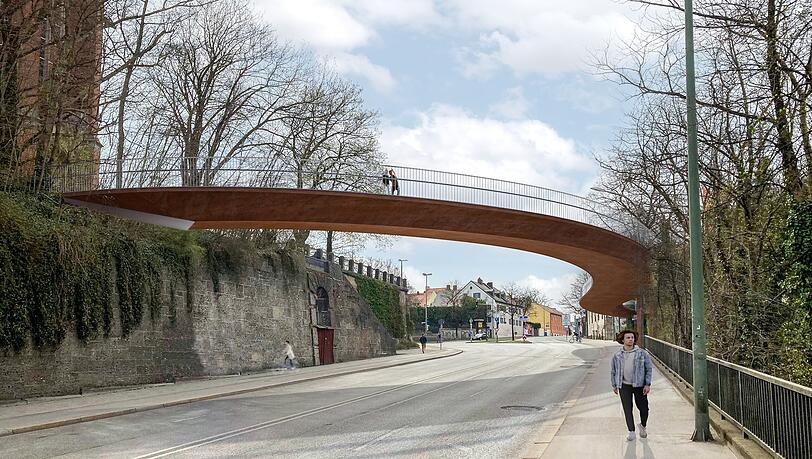 Vom &bdquo;Am Bergsteig&ldquo; auf das Plateau der Heilig-Kreuz-Kirche &uuml;ber den Giesinger Berg zur Bergstra&szlig;e an der Isarhangkante: So sollte die Br&uuml;cke verlaufen.