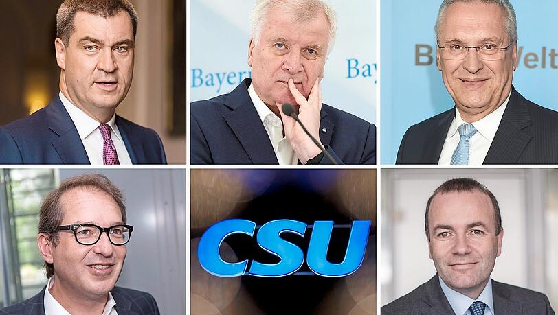 Die CSU-SPitze (im Uhrzeigersinn v. l. o.): Bayerns Finanzminister Markus Söder, Bayerns Ministerpräsident Horst Seehofer, Bayerns Innenminister Joachim Herrmann, der Fraktionsvorsitzenden der Europäischen Volkspartei (EVP) Manfred Weber und Bundesverkehrsminister Alexander Dobrindt.