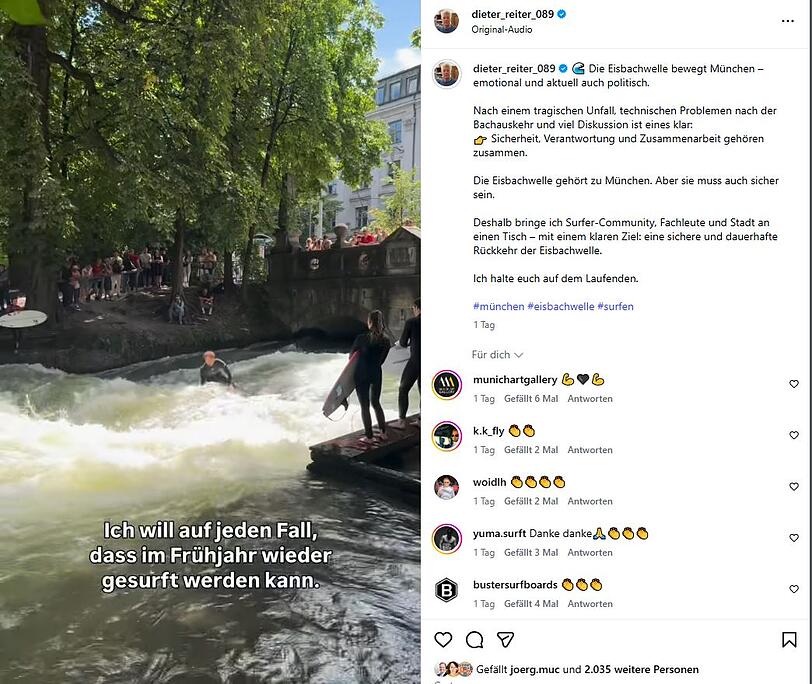 "Ich will auf jeden Fall, dass im Fr&uuml;hjahr wieder gesurft werden kann", sagt Reiter in seiner Videobotschaft, und zeigt dieses sommerliche Surferfoto dazu.