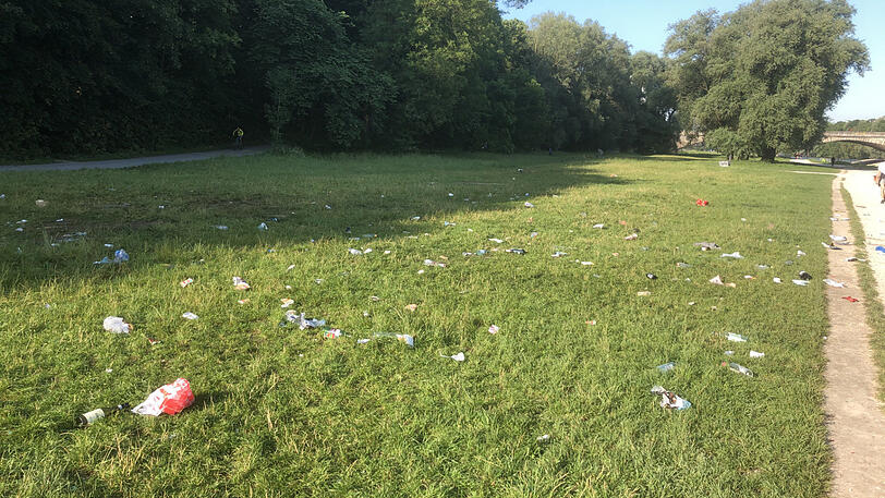 Der Müll liegt weit verstreut auf der Wiese.