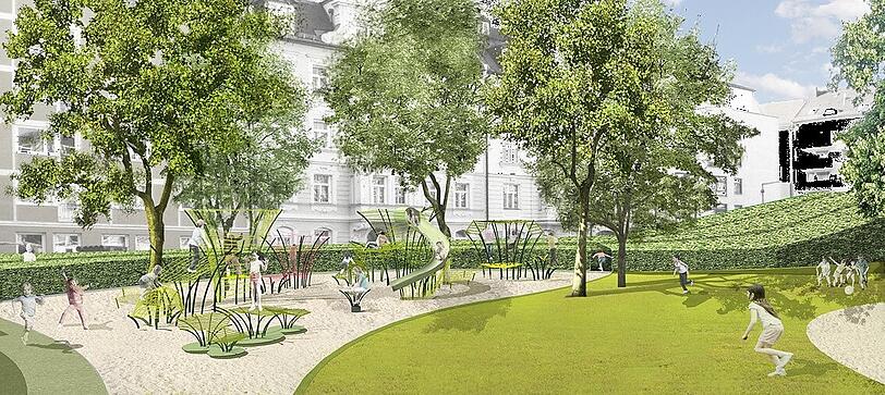 So könnte die Grünfläche mit dem Kinderspielplatz nach den ersten Entwürfen aussehen.