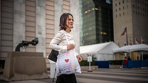 Außenministerin Annalena Baerbock nimmt für ihren Rückflug aus New York in einen Linienflug.