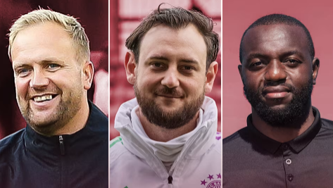 Die Co-Trainer von Bayern-Chefcoach Vincent Kompany (v.l.): Aaron Danks, René Maric und Floribert N’Galula. Die Co-Trainer von Bayern-Chefcoach Vincent Kompany (v.l.): Aaron Danks, René Maric und Floribert N’Galula.