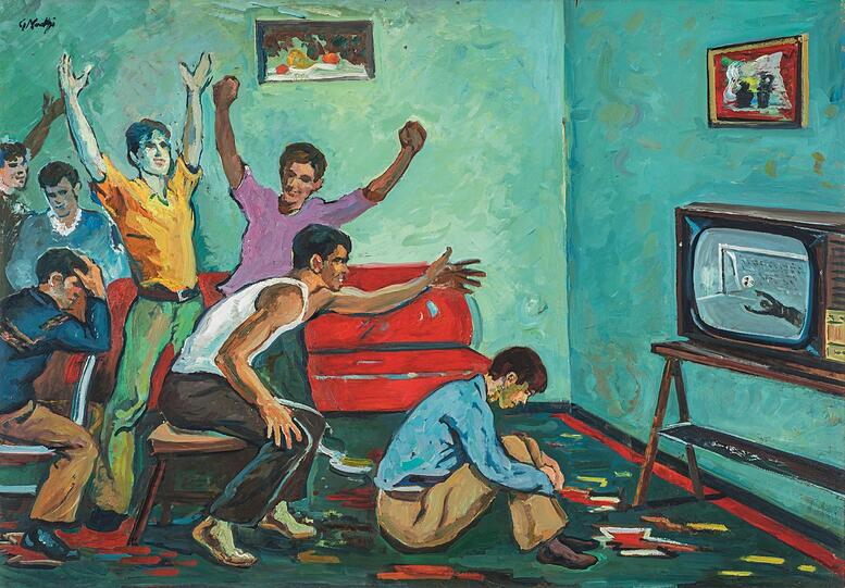 Als hätten Spanier und Deutsche letzten Freitag Modell gestanden - Freude und Verzweiflung liegen beim Fußball nahe beieinander. Der albanische Künstler Guri Madhi hat das 1986 mit seinem Werk "Watching Football Game" gut auf den Punkt gebracht.