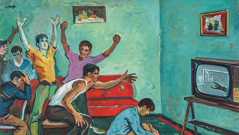 Als hätten Spanier und Deutsche letzten Freitag Modell gestanden - Freude und Verzweiflung liegen beim Fußball nahe beieinander. Der albanische Künstler Guri Madhi hat das 1986 mit seinem Werk "Watching Football Game" gut auf den Punkt gebracht. Als hätten Spanier und Deutsche letzten Freitag Modell gestanden - Freude und Verzweiflung liegen beim Fußball nahe beieinander. Der albanische Künstler Guri Madhi hat das 1986 mit seinem Werk "Watching Football Game" gut auf den Punkt gebracht.