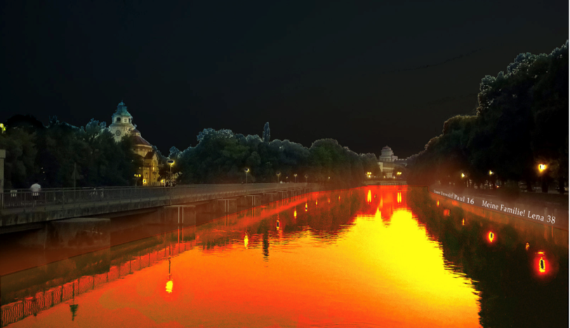 Eine Simulation der Aktion &bdquo;The Burning River&ldquo;, die ab Samstag die Isar an der Praterinsel abends von 17 bis 23 Uhr wie Lava glühen lässt.