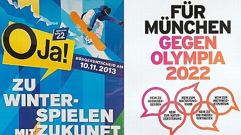 Die Plakate der Befürworter (li.) und der Gegner einer Bewerbung für die Olympischen Winterspiele 2022.