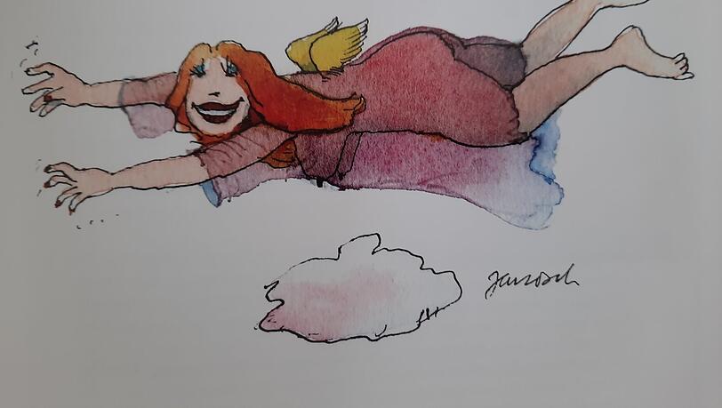 Frauen sind freche Engel: Ein Bild von Janosch, gemalt für Meisi Grill. Frauen sind freche Engel: Ein Bild von Janosch, gemalt für Meisi Grill.