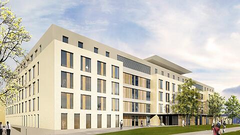 Die neue Version des Fassadenentwurfs von Ludes: cremefarben und mit Holzelementen (Ansicht Nord).