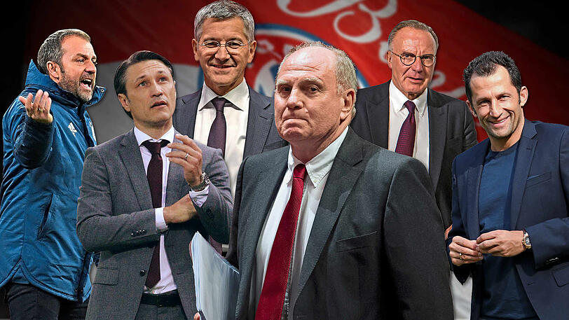 Zwei sagten Servus! Hoeneß (3.v.r.) gibt sein Präsidentenamt ab, Kovac (2.v.l) ist nicht mehr Bayern-Trainer. Die neue Bayern-Viererbande: Trainer Flick (l.), Vorstandsboss Rummenigge (2.v.r.), Präsident Hainer (3.v.l.), Sportdirektor Salihamidzic (r.).