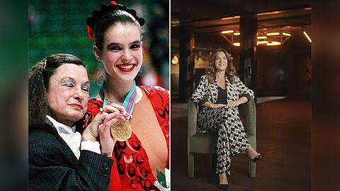 Katarina Witt mit Jutta Müller nach ihrer legendären "Carmen"-Kür bei den Olympischen Winterspielen 1988 in Calgary (l.) - in der Doku "Being Katarina Witt" erzählt sie von diesem Karrierehöhepunkt.