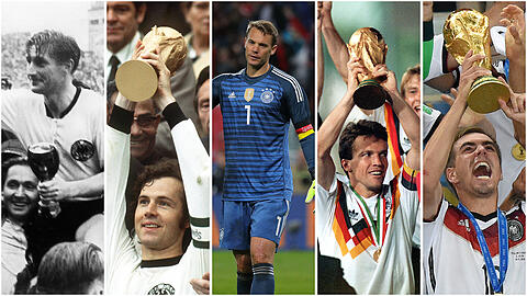 Die vier deutschen Kapitäne beim Titelgewinn: Fritz Walter (1954, l.), Franz Beckenbauer (1974, 2.v.l.), Lothar Matthäus (1990, 2.v.r.) und Philipp Lahm (2014, r.). In der Mitte: Manuel Neuer, DFB-Kapitän bei der WM 2018 in Russland.