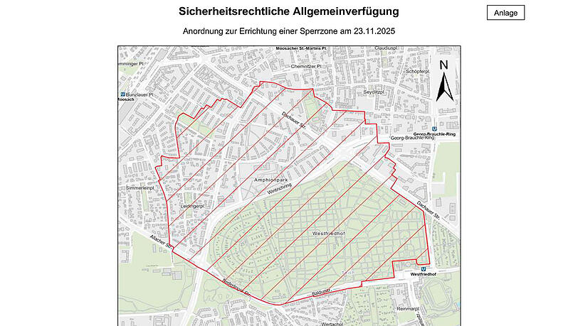 Im Bereich von 700 Metern um die Fliegerbombe auf dem Westfriedhof wird am 23. November ein Evakuierungsradius bestehen, teilt die Branddirektion mit.