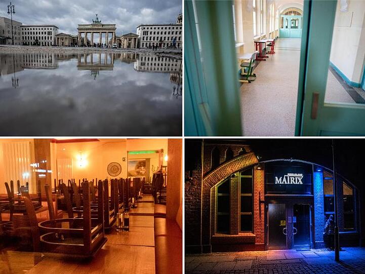 Alles leer in Berlin: der Pariser Platz mit dem Brandenburger Tor, ein Flur in einer Schule in Friedenau, ein italienisches Restaurant und der geschlossene Club Matrix.