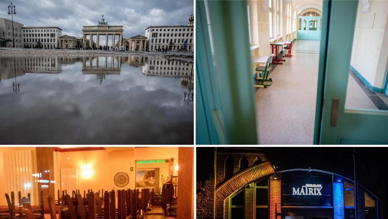 Alles leer in Berlin: der Pariser Platz mit dem Brandenburger Tor, ein Flur in einer Schule in Friedenau, ein italienisches Restaurant und der geschlossene Club Matrix. Alles leer in Berlin: der Pariser Platz mit dem Brandenburger Tor, ein Flur in einer Schule in Friedenau, ein italienisches Restaurant und der geschlossene Club Matrix.