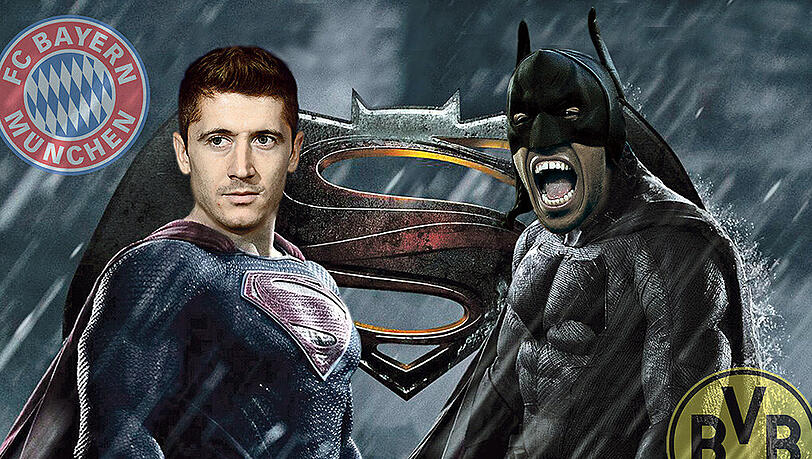 Der Film „Batman vs Superman“ kommt 2016 ins Kino – die AZ hat daraus Bayern-Superman Lewandowski (l.) und Dortmund-Batman Aubameyang gemacht. Der Film „Batman vs Superman“ kommt 2016 ins Kino – die AZ hat daraus Bayern-Superman Lewandowski (l.) und Dortmund-Batman Aubameyang gemacht.