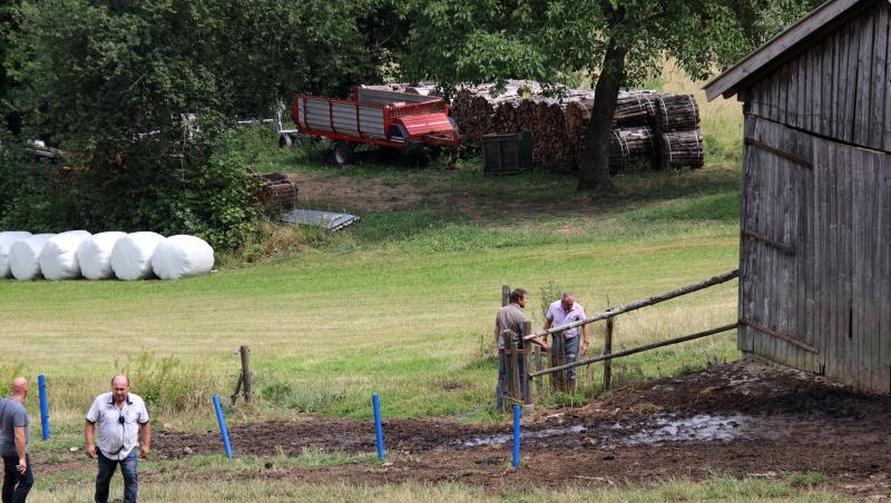 Polizisten in Zivil stehen auf einer Weide, auf der zuvor ein Stier zwei Menschen getötet hatte. Foto: Alexander Auer Polizisten in Zivil stehen auf einer Weide, auf der zuvor ein Stier zwei Menschen getötet hatte. Foto: Alexander Auer