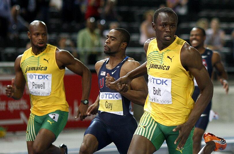 Zwei mutmaßliche Dopingsünder und der schnellste Mann der Welt (v.l.): Die Überführten Asafa Powell, Tyson Gay - und Usain Bolt.
