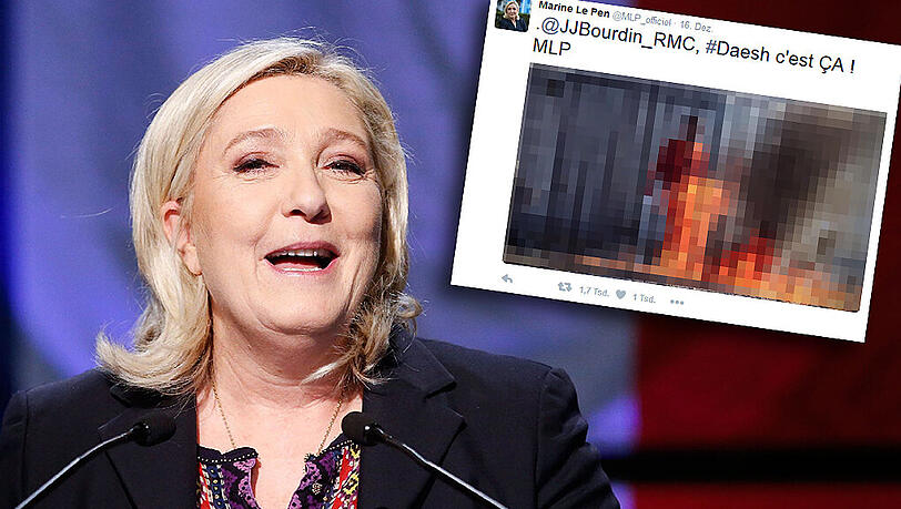 Marie Le Pen schockierte mit Twitter-Fotos von IS-Opfern. Marie Le Pen schockierte mit Twitter-Fotos von IS-Opfern.