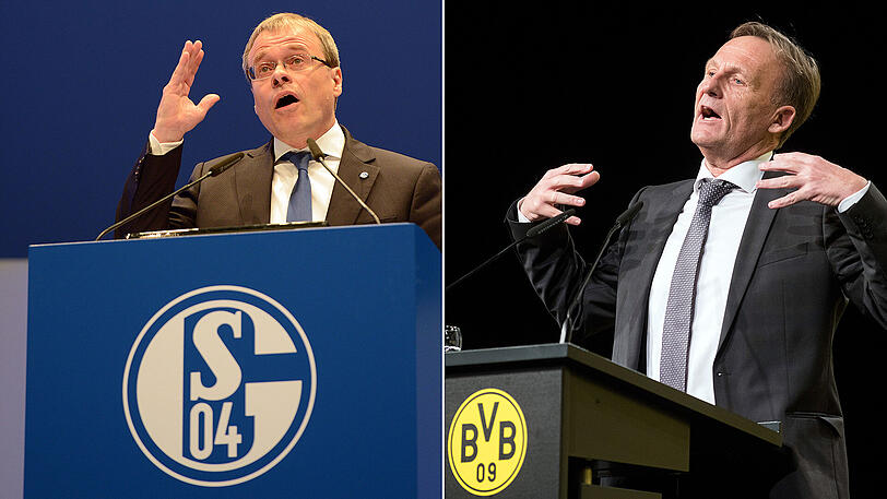BVB-Geschäftsführer Hans-Joachim Watzke (rechts) und Schalkes Finanzvorstand Peter Peters sprachen sich in einer Podiumsdiskussion in Brilon nachdrücklich gegen Bestrebungen zur Öffnung von Klubs und Kapitalgesellschaften für Mehrheitsinvestoren aus.