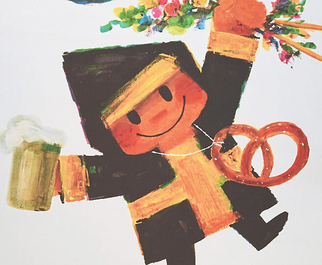 Das Oktoberfestplakat 1968: Brezn, Blumen und Bier scheinen das Kindl sehr viel fröhlicher zu stimmen als das klassische rote Buch.