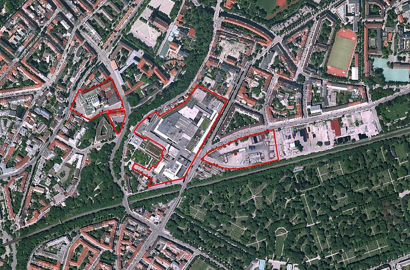 2016 zieht Paulaner (rot markiert) nach 380 Jahren in der Au nach Langwied um. Dann entstehen an der Ohlmüller-, Welfen- und Regerstraße 1450 neue Wohnungen.