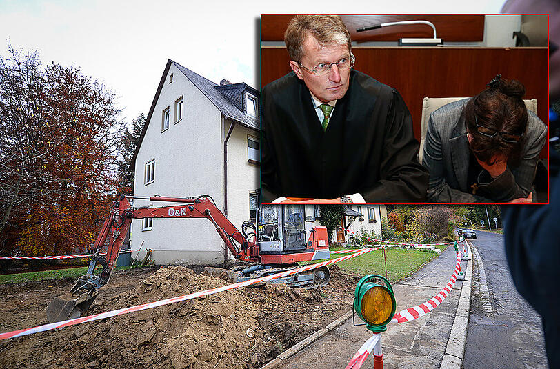 Die Angeklagte und ihr Verteidiger vor Gericht. Im Hintergrund das Grundstück der Familie in Bad Alexandersbad. Auf dieser Baustelle wurden die verwesten Babyleichen gefunden.